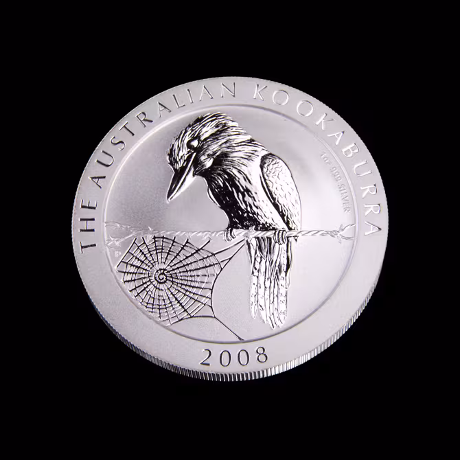 Perth Mint Australian Kookaburra Silbermuenze 1 oz 2008 Vorderseite Kookaburra Spinnennetz THE AUSTRALIAN KOOKABURRA 2008