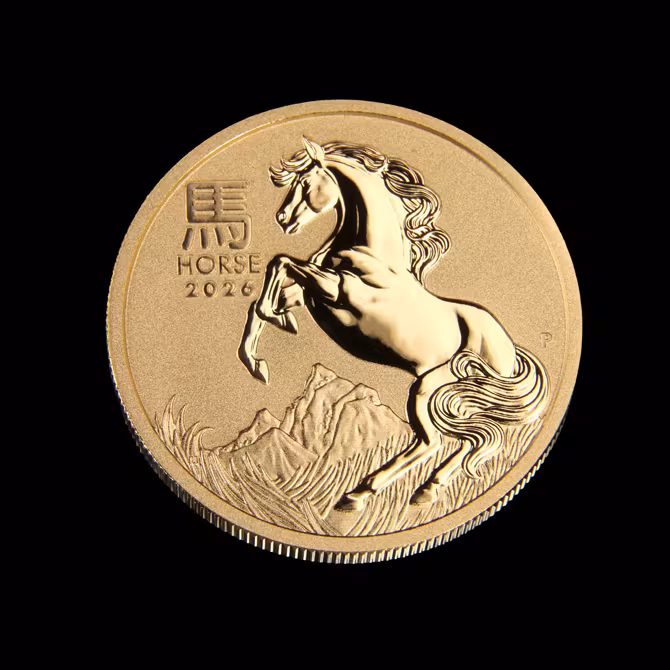 Perth Mint Lunar III Goldmuenze 1 oz Pferd 2026 Vorderseite steigendes Pferd HORSE 2026