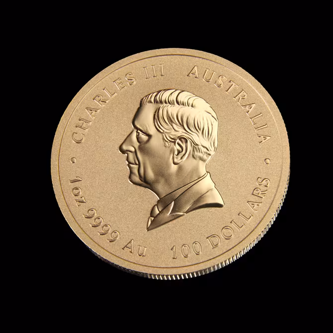 Perth Mint Lunar III Goldmuenze 1 oz Pferd 2026 Rueckseite Portraet Charles III 100 Dollars