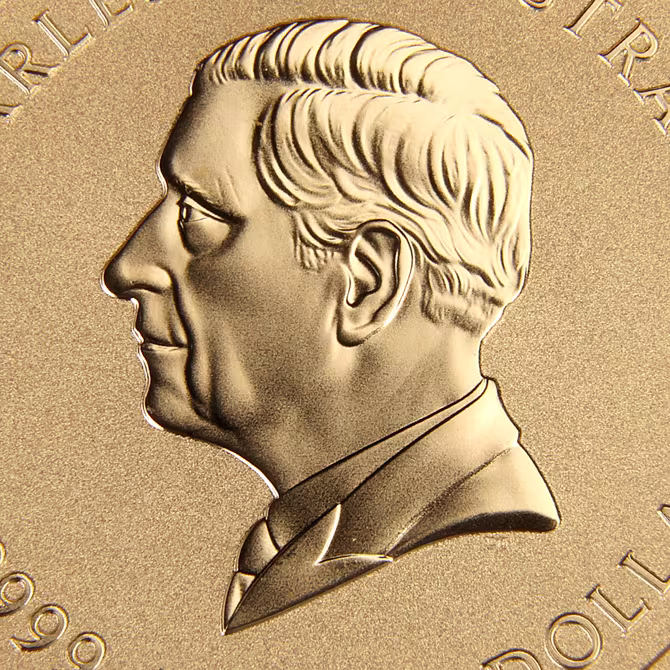 Perth Mint Lunar III Goldmuenze 1 oz Pferd 2026 Detailansicht Portraet Koenig Charles III