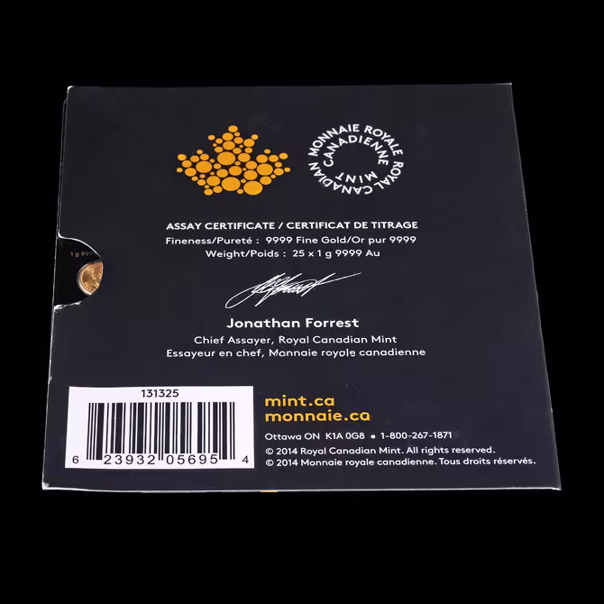 Royal Canadian Mint Maple Leaf Maplegram25 25x1g Rueckseite mit Assay-Zertifikat