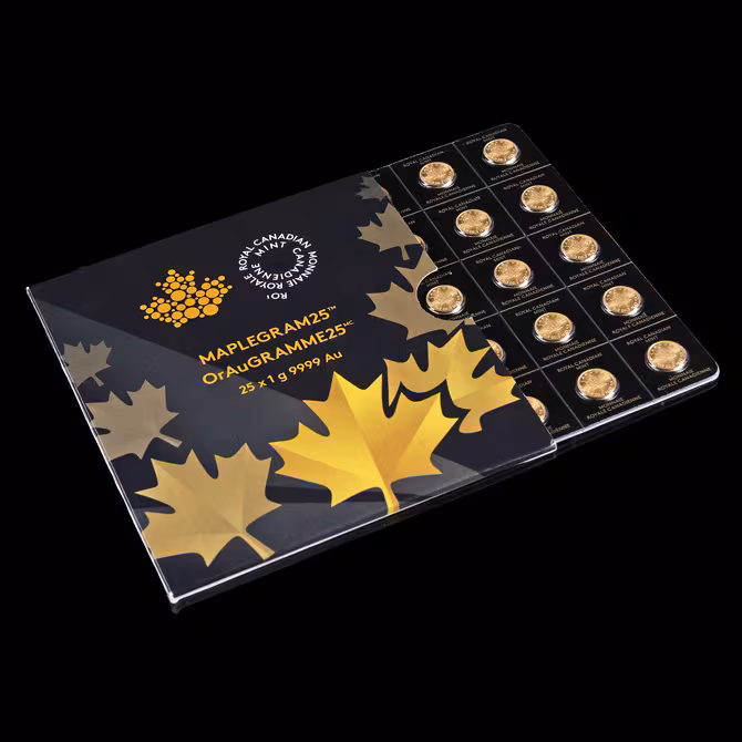Royal Canadian Mint Maple Leaf Maplegram25 25x1g Schraegansicht Set