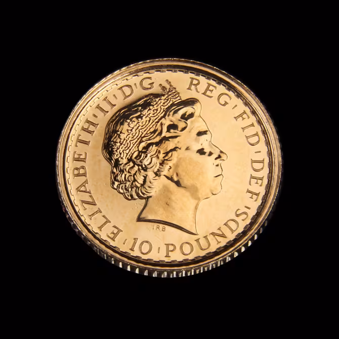 Royal Mint Britannia Goldmünze 1/10 oz Rückseite Queen Elizabeth II Portrait 10 Pounds