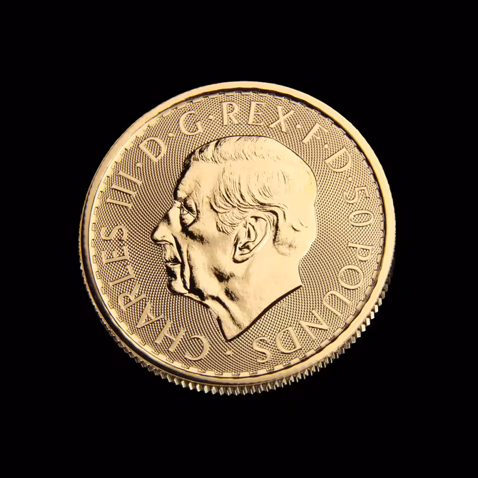 Royal Mint Britannia Goldmünze 1/2 oz Rückseite König Charles III. Portrait 50 Pounds