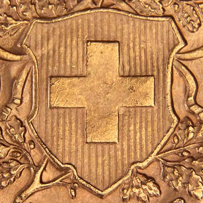 Vreneli Goldmünze 20 Franken Helvetia 1935 Detailaufnahme Schweizer Kreuz im Wappen