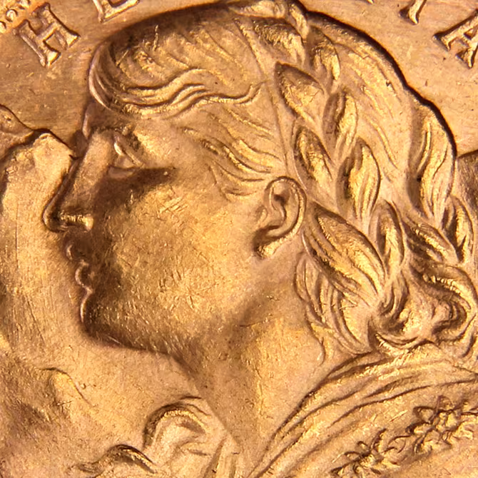 Vreneli Goldmünze 20 Franken Helvetia 1935 Detailaufnahme Helvetia-Portrait