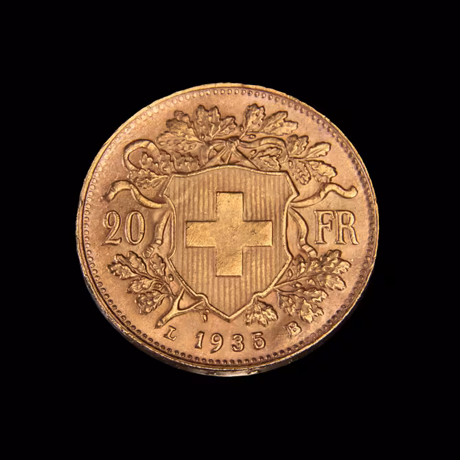 Vreneli Goldmünze 20 Franken Helvetia 1935 Rückseite mit Schweizer Wappen und 20 FR