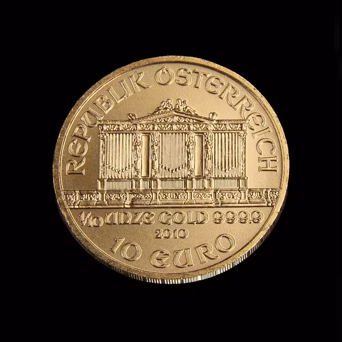 Wiener Philharmoniker Goldmuenze 1/10 oz Rueckseite Musikverein Wien 10 Euro