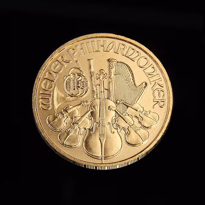 Wiener Philharmoniker Goldmuenze 1/10 oz Vorderseite frontal schwarzer Hintergrund
