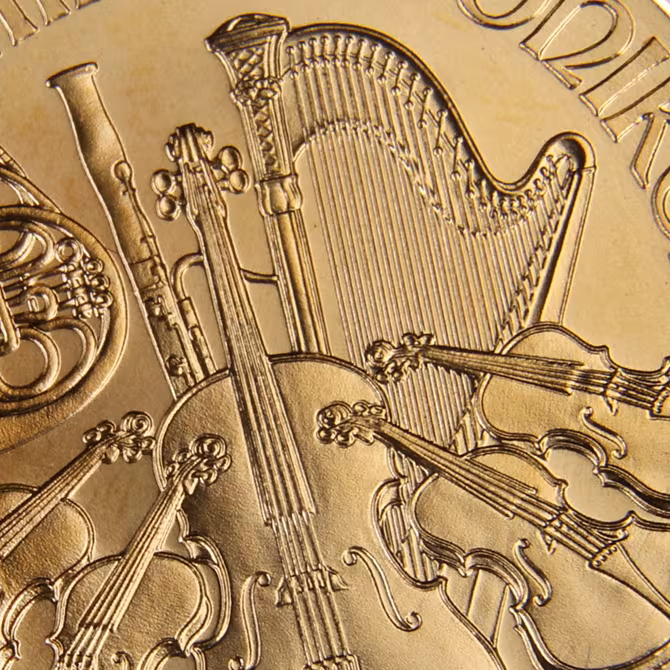 Alt: Wiener Philharmoniker Goldmünze 1/2 oz Detailaufnahme Musikverein und Feingehalt 9999