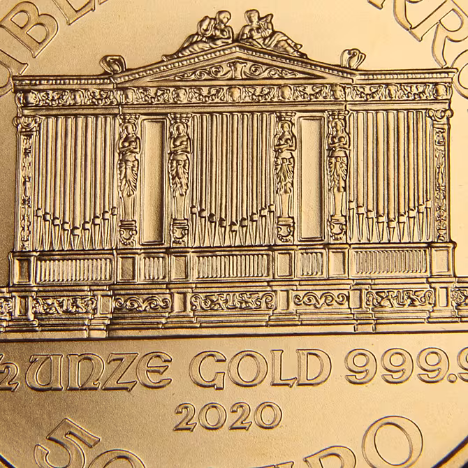 Wiener Philharmoniker Goldmünze 1/2 oz Detailaufnahme Harfe und Instrumente