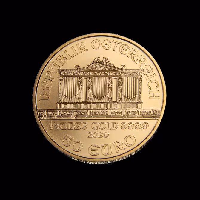 Alt: Wiener Philharmoniker Goldmünze 1/2 oz Vorderseite mit Orchesterinstrumenten