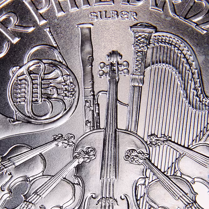 Wiener Philharmoniker Silbermuenze 1 oz 2012 Detailansicht Instrumente Horn Cello Harfe Praegung