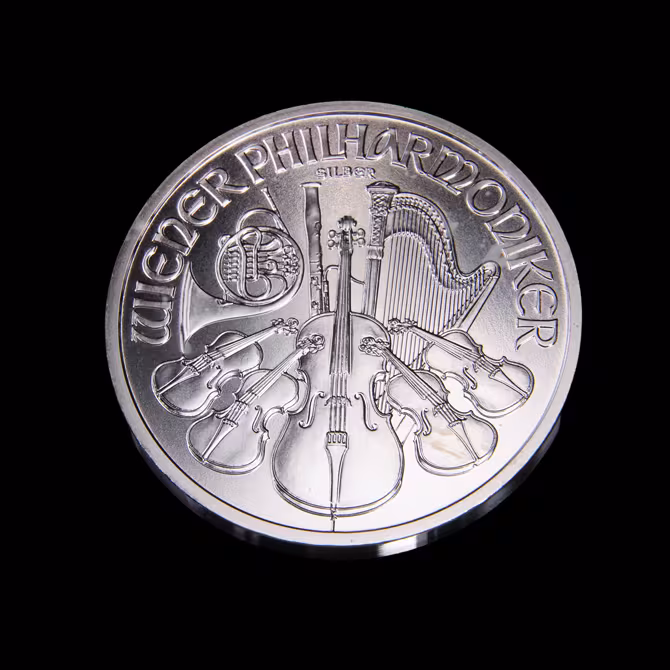 Wiener Philharmoniker Silbermuenze 1 oz 2012 Vorderseite Instrumentenmotiv frontal schwarzer Hintergrund